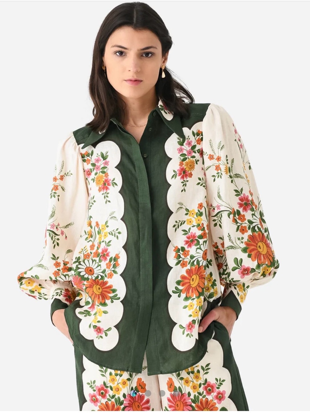 ALEMAIS Elisabetta, Linen, Floral Collared Button-Up Blouse. Women's US 10